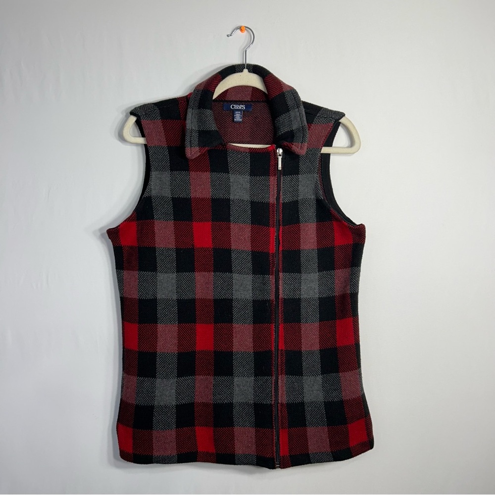 CHAPS Ralph Lauren Buffalo Check Plaid Red Black Asymmetrical Full Zip Vest Sz M
